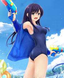 Rule 34 | &gt;:o, 1girl, armpits, ass, black hair, blue eyes, blue jacket, blue sky, breasts, commentary request, cowboy shot, day, dual wielding, holding, holding water gun, jacket, long hair, medium breasts, nonaka ritsu, original, sky, solo, swimsuit, track jacket, v-shaped eyebrows, water gun