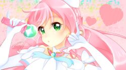 Rule 34 | 1girl, :o, \m/, beamed eighth notes, bow, braid, brooch, commentary, cure prism, dress, earrings, elbow gloves, gloves, green eyes, hair bow, heart, hirogaru sky! precure, holding, jewelry, long hair, looking at viewer, magical girl, maki65, musical note, nijigaoka mashiro, open mouth, pink hair, pinky out, precure, sky mirage, sleeveless, sleeveless dress, solo, white dress, white gloves