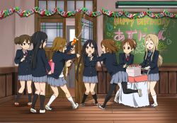 Rule 34 | 6+girls, akiyama mio, cake, chalkboard, food, happy birthday, hirasawa ui, hirasawa yui, indoors, k-on!, kotobuki tsumugi, manabe nodoka, multiple girls, nakano azusa, pantyhose, party popper, school uniform, suzuki jun, tainaka ritsu, watanore, wooden floor, yamanaka sawako