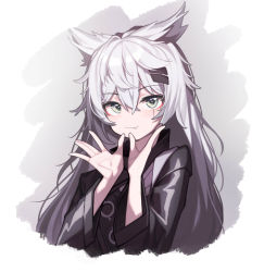 Rule 34 | 1girl, absurdres, animal ear fluff, animal ears, arknights, beudelb, black jacket, closed mouth, fang, grey eyes, grey hair, hair between eyes, hair ornament, hairclip, hands up, highres, jacket, lappland (arknights), long hair, looking at viewer, scar, scar across eye, scar on face, skin fang, smile, solo, upper body, white background, wolf ears
