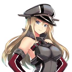 Rule 34 | 1girl, armor, bad id, bad twitter id, bare shoulders, bismarck (kancolle), blonde hair, blue eyes, blush, breastplate, breasts, closed mouth, detached sleeves, hair between eyes, hat, kantai collection, large breasts, long hair, looking at viewer, military, military hat, military uniform, peaked cap, sidelocks, simple background, smile, solo, terrajin, uniform, upper body, white background