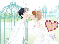 Rule 34 | 1boy, 1girl, age difference, aged up, arms behind back, bare shoulders, bouquet, brown hair, cedric (disney), dress, earrings, elbow gloves, closed eyes, flower, gloves, grey hair, happy, imminent kiss, jewelry, leaning forward, long hair, multicolored hair, pendant, pointy nose, short hair, smile, sofia (disney), sofia the first, standing, strapless, strapless dress, tiara, two-tone hair, wedding dress, white gloves