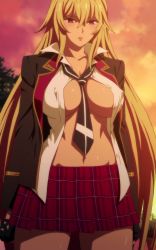 Rule 34 | 10s, 1girl, blonde hair, blush, breasts, covered erect nipples, dark-skinned female, dark skin, female focus, highres, kaneko hiraku, large breasts, long hair, miniskirt, open clothes, open shirt, red eyes, shikishima mirei, shirt, skirt, solo, standing, stitched, third-party edit, valkyrie drive, valkyrie drive -mermaid-, very long hair, white shirt