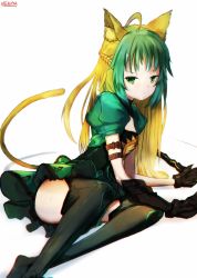 Rule 34 | 1girl, ahoge, animal ears, arm belt, arm support, artist name, asymmetrical gloves, atalanta (fate), bad id, bad pixiv id, black thighhighs, blonde hair, bow (weapon), braid, cat ears, cat tail, commentary request, dress, fate/apocrypha, fate (series), from side, gloves, green eyes, green hair, half updo, holding, holding weapon, long hair, looking at viewer, multicolored hair, nekoya (liu), puffy short sleeves, puffy sleeves, short sleeves, simple background, sitting, solo, tail, thighhighs, uneven gloves, weapon, white background