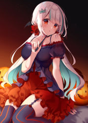 Rule 34 | 1girl, bare shoulders, bat wings, black shirt, black thighhighs, black wings, blue hair, blurry, blurry background, blush, bow, breasts, commentary, crown hair ornament, depth of field, frilled skirt, frills, garter straps, hair between eyes, hair bow, highres, holding, holding stylus, jack-o&#039;-lantern, kisaragi yuri, long hair, looking at viewer, low twintails, medium breasts, multicolored hair, off-shoulder shirt, off shoulder, original, parted lips, puffy short sleeves, puffy sleeves, red bow, red eyes, red skirt, shirt, short sleeves, sidelocks, silver hair, skirt, solo, striped clothes, striped thighhighs, stylus, thighhighs, twintails, two-tone hair, vertical-striped clothes, vertical-striped thighhighs, very long hair, wings