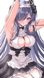 Rule 34 | 1girl, absurdres, apron, armpits, arms up, august von parseval (azur lane), august von parseval (the conquered unhulde) (azur lane), azur lane, between breasts, black horns, breasts, clothing cutout, curled horns, garter straps, grey hair, hair over one eye, highres, horns, kuon (kuon), lace, lace-trimmed legwear, lace trim, large breasts, long hair, maid, maid headdress, medium breasts, official alternate costume, one eye covered, purple eyes, strap between breasts, thighhighs, white apron, white thighhighs