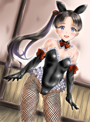 Rule 34 | 10s, 1girl, animal ears, ayanami (kancolle), bare shoulders, black hair, blue eyes, blush, bow, bowtie, breasts, rabbit ears, rabbit tail, elbow gloves, fake animal ears, fishnet pantyhose, fishnets, gloves, hair ribbon, kantai collection, kasugano tobari, long hair, open mouth, pantyhose, playboy bunny, ribbon, side ponytail, small breasts, smile, solo, tail