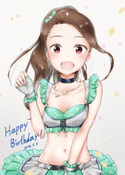 Rule 34 | 1girl, 2018, :d, alternate hairstyle, belt, bow, breasts, brown hair, choker, cleavage, collarbone, dated, earrings, fingerless gloves, floating hair, gloves, green bow, grey gloves, hair bow, hair ornament, happy birthday, highres, idolmaster, idolmaster (classic), jewelry, layered skirt, long hair, looking at viewer, midriff, minase iori, miniskirt, mogskg, navel, necklace, open mouth, ponytail, red eyes, skirt, small breasts, smile, solo, sparkle, standing, star (symbol), star earrings, star hair ornament, star necklace, stomach, upper body, white background