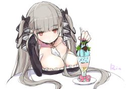 Rule 34 | 1girl, azur lane, between breasts, black dress, blunt bangs, breast rest, breasts, breasts on table, cleavage, dress, food, formidable (azur lane), frilled dress, frills, grey hair, ice cream, ice cream float, large breasts, long hair, necktie, necktie between breasts, red eyes, rin2008, sitting, solo, table, twintails, two-tone dress, two-tone ribbon, upper body, very long hair