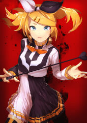 Rule 34 | 1girl, alternate hairstyle, blonde hair, blue eyes, breasts, cropped jacket, dot nose, dress, facing viewer, frilled jacket, frilled sleeves, frills, gradient background, headphones, headphones around neck, heart, highres, jacket, kagamine rin, looking at viewer, multicolored clothes, multicolored jacket, out of frame, paint splatter, parted lips, pleated dress, project diva (series), reactor (module), red background, roshin yuukai (vocaloid), sawashi (ur-sawasi), small breasts, solo, splatter, striped clothes, striped thighhighs, swept bangs, tagme, thighhighs, twintails, two-tone bow, two-tone dress, two-tone jacket, vertical-striped clothes, vertical-striped thighhighs, vocaloid, whip, yellow nails, zettai ryouiki