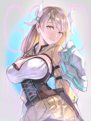 Rule 34 | 1girl, armor, belt, belt buckle, blush, braid, breasts, brown hair, buckle, cleavage, cleavage cutout, closed mouth, clothing cutout, corset, fire emblem, fire emblem engage, goldmary (fire emblem), hair ornament, hair ribbon, large breasts, long hair, long sleeves, looking at viewer, nintendo, pleated skirt, ribbon, shoulder armor, skirt, solo, t misaomaru, white ribbon, yellow eyes