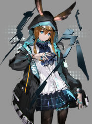 Rule 34 | 1girl, amiya (arknights), animal ears, arknights, ascot, black coat, blouse, blue ascot, blue eyes, blue skirt, brown hair, brown pantyhose, closed mouth, coat, contrapposto, cowboy shot, ears through headwear, hand up, highres, hood, hood up, hooded coat, jewelry, long sleeves, looking at viewer, miniskirt, open clothes, open coat, pantyhose, rabbit ears, ring, shirt, sidelocks, skirt, so-bin, solo, standing, white shirt