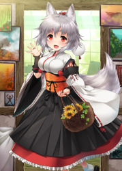 Rule 34 | animal ears, bare shoulders, breasts, detached sleeves, flower, geta, hat, indoors, inubashiri momiji, japanese clothes, kei kei, large breasts, looking at viewer, open mouth, pom pom (clothes), red eyes, ribbon trim, short hair, silver hair, solo, tail, tokin hat, touhou, wide sleeves, wolf ears, wolf tail