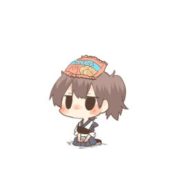 Rule 34 | 10s, 1girl, black eyes, blush, brown hair, chibi, chips (food), food, kaga (kancolle), kantai collection, lowres, object on head, potato chips, rebecca (keinelove), short hair, side ponytail, sitting, solo