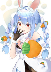 Rule 34 | 1girl, :d, absurdres, animal ear fluff, animal ears, bad id, bad pixiv id, bare shoulders, black gloves, black leotard, black pantyhose, blue hair, blue ribbon, blush, bow, braid, breasts, carrot, carrot hair ornament, carrying, carrying under arm, cleavage, commentary request, detached sleeves, don-chan (usada pekora), dress, eyes visible through hair, food-themed background, food-themed hair ornament, fur trim, gloves, hair between eyes, hair bow, hair intakes, hair ornament, hand to own mouth, highres, holding, hololive, leotard, long hair, looking at viewer, multicolored hair, omae no tochan, open mouth, orange eyes, pantyhose, pocket, pom pom (clothes), puffy short sleeves, puffy sleeves, rabbit-shaped pupils, rabbit ears, rabbit girl, ribbon, short sleeves, silver hair, simple background, small breasts, smile, solo, standing, symbol-shaped pupils, thick eyebrows, twin braids, twintails, two-tone hair, upper body, usada pekora, usada pekora (1st costume), very long hair, virtual youtuber, white background, white bow, white dress