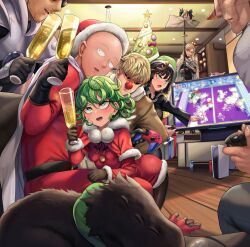 Rule 34 | 6+boys, alcohol, animal, bald, black hair, blast (one-punch man), blonde hair, blush, breasts, cape, carrot nose, champagne, character request, christmas, christmas tree, controller, curly hair, deer costume, fake nose, fubuki (one-punch man), game console, gaming, genos, glass, green eyes, green hair, hat, high heels, highres, king (one-punch man), kneeling, mario (series), mario party, multiple boys, nintendo, nintendo switch, one-punch man, one eye closed, open mouth, playstation 5, pointing, rkrk12, saitama (one-punch man), santa hat, scar, scar across eye, small breasts, tagme, tatsumaki, television