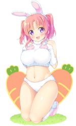 Rule 34 | 1girl, animal ears, animal hands, bare shoulders, belly, blush, breasts, carrot, full body, gloves, highres, hip focus, kazuma (kazumav), large breasts, long hair, looking at viewer, midriff, mikakunin de shinkoukei, navel, open mouth, paw gloves, pink hair, purple eyes, rabbit ears, short hair, simple background, smile, solo, thighs, twintails, two side up, white background, white gloves, yonomori kobeni