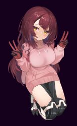 Rule 34 | 1girl, blush, commentary, double v, from above, full body, highres, hololive, long hair, long sleeves, looking at viewer, mechanical legs, nanana narang, official alternate costume, pink sweater, purple background, red hair, roboco-san, roboco-san (hoodie), smile, smug, solo, sweater, v, virtual youtuber, yellow eyes