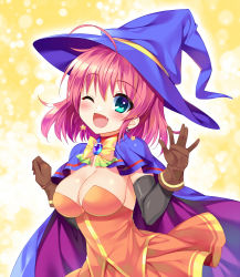 Rule 34 | 1girl, ahoge, alice wishheart, blue eyes, blue hat, blush, breasts, cape, cleavage, cowboy shot, dress, fang, gloves, halloween, hat, looking at viewer, medium breasts, one eye closed, open mouth, pink hair, short hair, smile, solo, wink, witch, yellow background