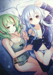 Rule 34 | 2girls, absurdres, bed, black panties, breasts, cleavage, fairy fencer f, fleur (fairy fencer f), green hair, highres, large breasts, long hair, medium breasts, multiple girls, non-web source, official art, on bed, pajamas, panties, pillow, pink eyes, short hair, smile, thighs, tiara (fairy fencer f), tsunako, underwear, white hair, white panties, yellow eyes