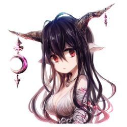 Rule 34 | 10s, 1girl, antenna hair, bandages, bandaged arm, bandages, black hair, breasts, cleavage, crescent, danua, draph, female focus, granblue fantasy, hair between eyes, horn ornament, horns, jewelry, koneko mari, large breasts, long hair, looking at viewer, pendant, pointy ears, red eyes, simple background, sleeveless, solo, upper body, white background