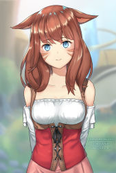 Rule 34 | 1girl, andonoz, animal ears, blue eyes, blurry, blurry background, brown hair, cat ears, detached sleeves, facial mark, final fantasy, final fantasy xiv, highres, long hair, looking at viewer, miqo&#039;te, slit pupils, smile, solo, warrior of light (ff14), whisker markings
