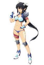 Rule 34 | &gt;:), 1girl, armlet, armor, bikini armor, black hair, blue eyes, blue gloves, blue panties, blush, boots, breasts, cleavage, collarbone, crescent, crescent earrings, ear piercing, earrings, fingerless gloves, full body, gloves, groin, hand on own hip, high heel boots, high heels, highres, horns, jewelry, knee pads, long hair, looking at viewer, low ponytail, medium breasts, mokkei, momo kyun sword, navel, oni horns, onihime (momokyun), panties, pauldrons, piercing, pointy ears, single pauldron, smile, solo, stomach, tattoo, thighlet, underwear, v-shaped eyebrows, very long hair, white background, white footwear