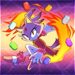 Rule 34 | 1girl, blaze the cat, boiled walrus, burning blaze, cat girl, eyelashes, fire, forehead jewel, fur-trimmed footwear, fur-trimmed gloves, fur trim, furry, furry female, gloves, gold necklace, high heels, highres, jacket, jewelry, looking at viewer, necklace, pants, ponytail, pyrokinesis, red jacket, sol emerald, sonic (series), sonic rush, white pants, yellow eyes