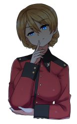 Rule 34 | 10s, 1girl, arm grab, backlighting, bad id, bad twitter id, blonde hair, blue eyes, braid, closed mouth, commentary, cropped torso, darjeeling (girls und panzer), epaulettes, finger to mouth, girls und panzer, glowing, glowing eyes, half-closed eyes, head tilt, hikyakuashibi, jacket, long sleeves, looking at viewer, military, military jacket, military uniform, red jacket, shade, short hair, simple background, smirk, solo, st. gloriana&#039;s military uniform, twin braids, uniform, upper body, white background