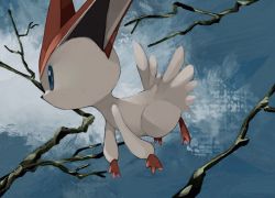 Rule 34 | blue eyes, branch, commentary request, creatures (company), day, floating, from side, game freak, gen 5 pokemon, gogot, highres, legendary pokemon, mythical pokemon, nintendo, no humans, outdoors, pokemon, pokemon (creature), solo, victini