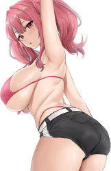 Rule 34 | 1girl, absurdres, arched back, arm up, armpits, ass, azur lane, belt, bikini, black shorts, breasts, bremerton (azur lane), cowboy shot, from side, hair between eyes, highleg, highres, hotate-chan, huge breasts, looking at viewer, multicolored hair, parted lips, pink bikini, pink eyes, pink hair, short shorts, shorts, sideboob, simple background, skindentation, solo, strap gap, streaked hair, swimsuit, thighs, twintails, twisted torso, underboob, white background, white belt