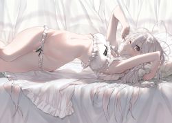Rule 34 | 1girl, ahoge, antenna hair, arched back, arm up, armpits, bare shoulders, blush, breasts, brown eyes, closed mouth, commentary request, frilled panties, frills, grey hair, groin, hair between eyes, hayashi kewi, legs together, long hair, looking at viewer, lowleg, lying, navel, on bed, on side, one eye closed, original, panties, pillow, small breasts, smile, solo, stomach, strapless, stretching, tube top, underwear, very long hair, white hair, white panties, white tube top