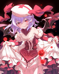 Rule 34 | 1girl, bare shoulders, beret, blurry, breasts, collarbone, commentary request, cowboy shot, dark background, depth of field, dress, flower, hair between eyes, hat, highres, off-shoulder dress, off shoulder, parted lips, purple hair, red eyes, red flower, red rose, remilia scarlet, rose, short hair, simple background, skirt hold, small breasts, smile, solo, strange creators of outer world, syuri22, touhou, white hat