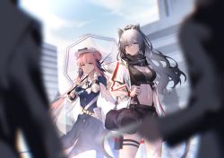 Rule 34 | animal ears, arknights, bag, black scarf, black shorts, blue dress, blue feathers, bow, breasts, cat ears, ceylon (arknights), cleavage, cowboy shot, crop top, dress, feather hair, feathers, fengtu ad, gloves, hair bun, hat, hat bow, highres, holding, holding umbrella, jacket, long hair, long sleeves, looking at viewer, medium breasts, midriff, navel, open clothes, open jacket, pink hair, scarf, schwarz (arknights), see-through, short shorts, shorts, silver hair, single hair bun, smile, standing, stomach, thigh strap, thighs, umbrella, white gloves, white headwear, white umbrella, yellow eyes
