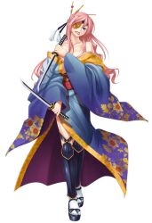Rule 34 | breasts, covering privates, covering breasts, date masamune (sengoku makan), dual wielding, eyepatch, game cg, grey eyes, holding, holding weapon, japanese clothes, kimono, large breasts, lilith-soft, lowres, pink hair, red lips, sandals, sengoku makan, short sword, socks and sandals, sword, weapon