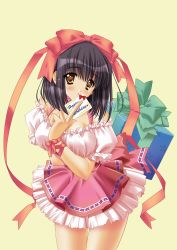 Rule 34 | 1girl, :o, apron, bare shoulders, black hair, blush, bow, breasts, brown eyes, card, carnelian, cleavage, dress, duplicate, embarrassed, fingernails, frills, gift, gradient background, hair bow, happy birthday, highres, holding, holding gift, large breasts, leaning forward, long fingernails, looking at viewer, off shoulder, open mouth, pleated skirt, ribbon, scan, short dress, short hair, skirt, solo, standing, thigh gap, waist apron, waitress, wrist ribbon, yellow eyes
