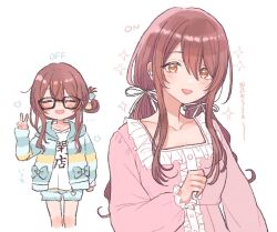 Rule 34 | 1girl, ^ ^, anam95, bespectacled, black-framed eyewear, blush, brown hair, center frills, closed eyes, collarbone, commentary request, comparison, cropped legs, dress, facing viewer, frills, glasses, hair ribbon, highres, hood, hooded jacket, idolmaster, idolmaster shiny colors, jacket, long sleeves, looking at viewer, multiple views, osaki tenka, pink dress, ribbon, sidelocks, simple background, smile, sparkle, striped clothes, striped jacket, translation request, twintails, white background