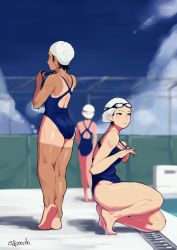 Rule 34 | 3girls, ass, back, barefoot, black eyes, black hair, blue sky, blush, cloud, cloudy sky, competition swimsuit, dark-skinned female, dark skin, day, female focus, from side, full body, gbmah, goggles, goggles on head, unworn goggles, highres, kneeling, legs, multiple girls, one-piece swimsuit, on one knee, original, outdoors, poolside, school swimsuit, shadow, short hair, sky, standing, swim cap, swimsuit, tan, tanline, thick thighs, thighs, toned, wet