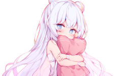 Rule 34 | + +, 1girl, azur lane, blue eyes, blush, commentary request, covered mouth, double bun, eyes visible through hair, hair bun, head tilt, le malin (azur lane), le malin (sleepy sunday) (azur lane), long hair, looking at viewer, hugging object, official alternate costume, pillow, pillow hug, sidelocks, simple background, solo, sudango, symbol-shaped pupils, white background, white hair