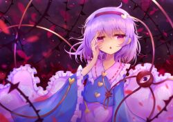 Rule 34 | 1girl, absurdres, buttons, flower, hair ornament, hand on own face, heart, heart button, heart hair ornament, highres, komeiji satori, looking at viewer, open mouth, plant, purple eyes, purple hair, red eyes, rose, short hair, solo focus, third eye, thorns, tomoe (fdhs5855), touhou, vines
