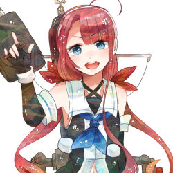 Rule 34 | 1girl, asymmetrical bangs, bare shoulders, black gloves, blue eyes, cannon, collared shirt, elbow gloves, fingerless gloves, gloves, hair ribbon, hairband, itomugi-kun, kantai collection, kawakaze (kancolle), long hair, low twintails, neckerchief, open mouth, red hair, ribbon, school uniform, serafuku, shirt, sidelocks, sleeveless, sleeveless shirt, smile, smokestack, solo, turret, twintails, upper body, very long hair