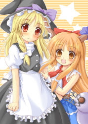 Rule 34 | 2girls, :d, apron, black dress, blonde hair, blush, bow, bowtie, braid, brown eyes, buttons, chain, closed mouth, dress, eyebrow piercing, female focus, frown, gourd, hair bow, hat, hat bow, horns, ibuki suika, kirisame marisa, long hair, looking at viewer, looking back, multiple girls, open mouth, orange hair, piercing, red bow, red bowtie, red eyes, simple background, single braid, smile, standing, star (symbol), striped, striped background, tareme, touhou, very long hair, waist apron, witch hat