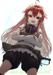 Rule 34 | 1girl, :d, absurdres, ahoge, black shorts, crossed arms, eris greyrat, from below, hair between eyes, hair flaps, highres, long sleeves, looking at viewer, looking down, mushoku tensei, negimapurinn, open mouth, puffy shorts, red eyes, red hair, shirt, short shorts, shorts, smile, solo, standing, sword, sword behind back, v-shaped eyebrows, weapon, weapon on back, white shirt