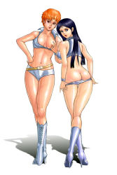 Rule 34 | 1980s (style), ass, boots, bracelet, breasts, butt crack, dirty pair, hand on own hip, high heels, highres, hip focus, jewelry, kei (dirty pair), laces, long hair, looking back, retro artstyle, retro artstyle, short hair, yuri (dirty pair), zen and retro