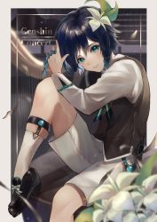 Rule 34 | 1boy, bad id, bad twitter id, black footwear, black hair, blue eyes, blue hair, blush, braid, brown vest, collared shirt, commentary request, flower, genshin impact, gradient hair, hair flower, hair ornament, harp, highres, instrument, loafers, male focus, mofull mero, multicolored hair, official alternate costume, shirt, shoes, short hair with long locks, shorts, smile, socks, solo, twin braids, venti (genshin concert) (genshin impact), venti (genshin impact), vest, white flower, white shirt, white shorts, white socks