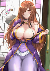 Rule 34 | 1girl, ahoge, bare shoulders, bikini, bikini under clothes, black bikini, blush, breasts, brown eyes, brown hair, cleavage, closed mouth, collarbone, commentary, commentary request, cyicheng, english commentary, eyes visible through hair, front-tie top, hair over one eye, indoors, kono subarashii sekai ni shukufuku wo!, large breasts, long hair, long sleeves, looking at viewer, mixed-language commentary, nail polish, off shoulder, revision, robe, smile, solo, standing, swimsuit, wiz (konosuba)