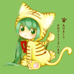 Rule 34 | 1girl, :&lt;, animal costume, animal print, bow, bowtie, female focus, full body, green eyes, green hair, hatsune miku, long hair, matching hair/eyes, new year, paintbrush, rineko, simple background, solo, striped, text focus, tiger costume, tiger print, translation request, very long hair, vocaloid