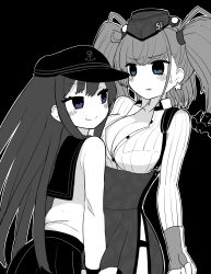 Rule 34 | 2girls, akatsuki (kancolle), anchor hair ornament, atlanta (kancolle), blush, breasts, cleavage, commentary, earrings, flat cap, garrison cap, greyscale, hair ornament, hat, headgear, highres, jewelry, kantai collection, large breasts, long hair, long sleeves, monochrome, multiple girls, open clothes, open shirt, pleated skirt, sailor collar, school uniform, serafuku, simoyuki, simple background, single earring, skirt, smile, spot color, star (symbol), star earrings, suspender skirt, suspenders, sweat, two side up, yuri