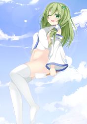 Rule 34 | 1girl, bad id, bad pixiv id, blush, bottomless, breasts, chimunge, cloud, day, detached sleeves, female focus, frog hair ornament, green eyes, green hair, hair ornament, highres, kochiya sanae, lens flare, long hair, matching hair/eyes, medium breasts, navel, no panties, one eye closed, open mouth, puffy sleeves, sideboob, sky, solo, thighhighs, touhou, white thighhighs, wink