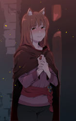 Rule 34 | 1girl, absurdres, animal ear fluff, animal ears, black pants, blush, brown cloak, brown hair, clenched teeth, cloak, cowboy shot, crying, highres, holding, holo, long hair, long sleeves, nivearich, pants, purple shirt, red eyes, shirt, solo, spice and wolf, standing, tears, teeth, thigh gap, wolf ears